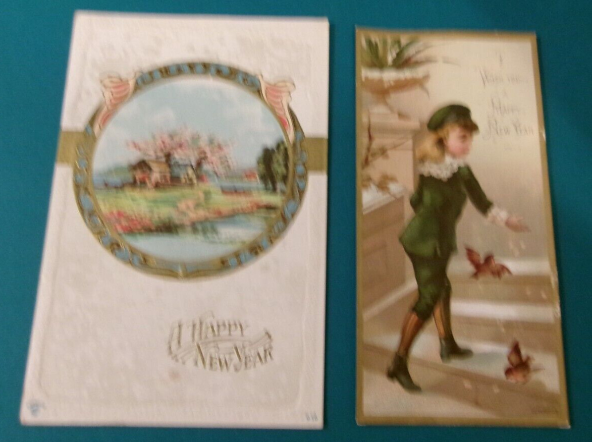 2 ANTIQUE VICTORIAN NEW YEARS DAY CARDS COLORFUL SCRAPBOOKING