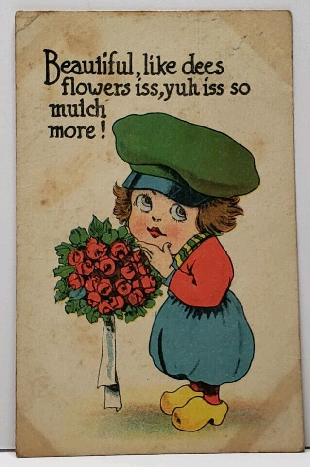 Dutch Child  Valentine Beautiful like dees flowers 1914 Postcard G2