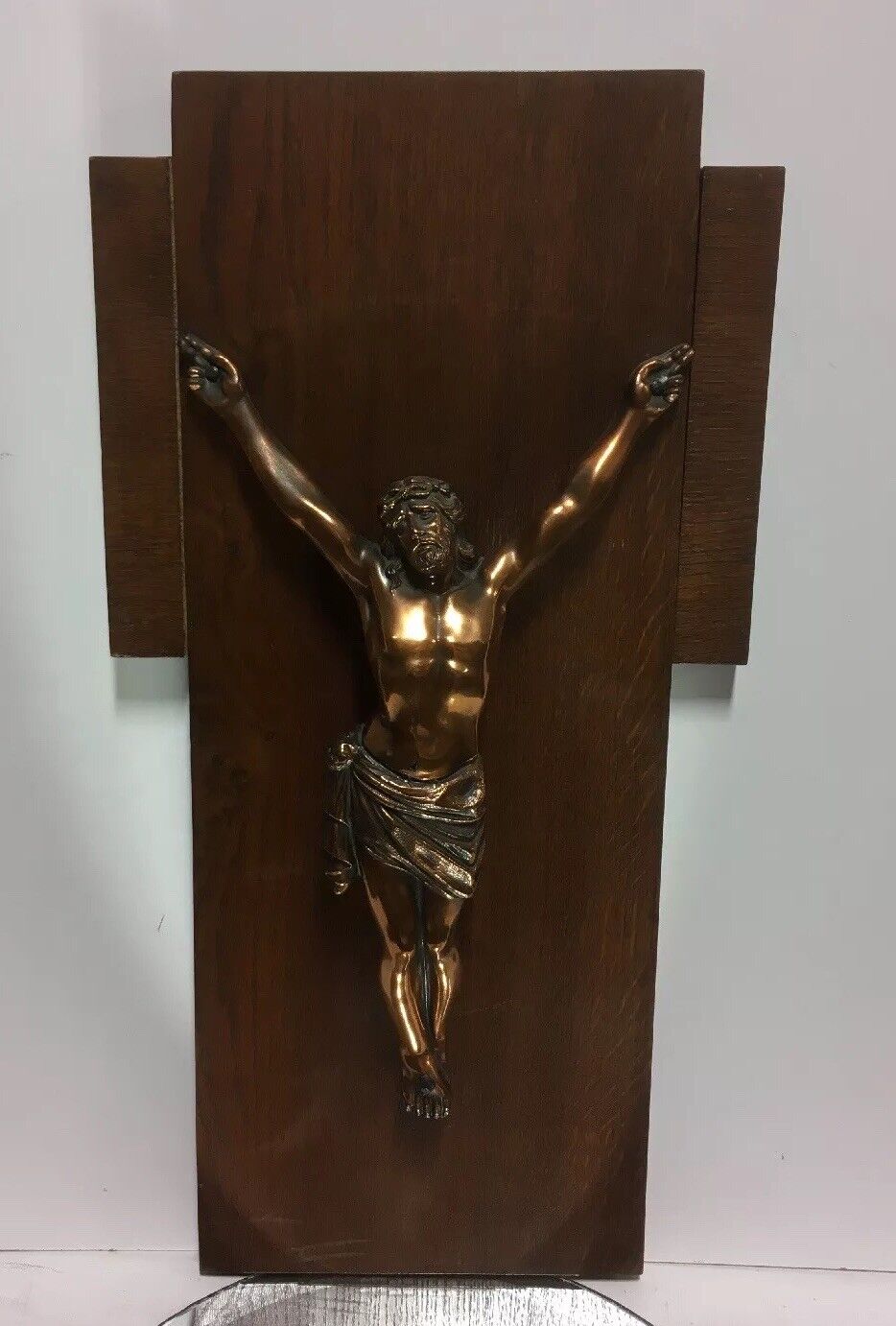 VTG. Massive 20's-30's Copper Metal On Wood Church Crucifix 