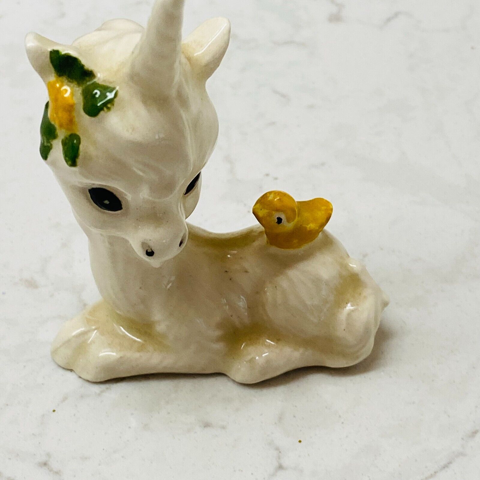 Vintage White Porcelain Miniature Yellow Bird Flower Baby Unicorn Figurine
