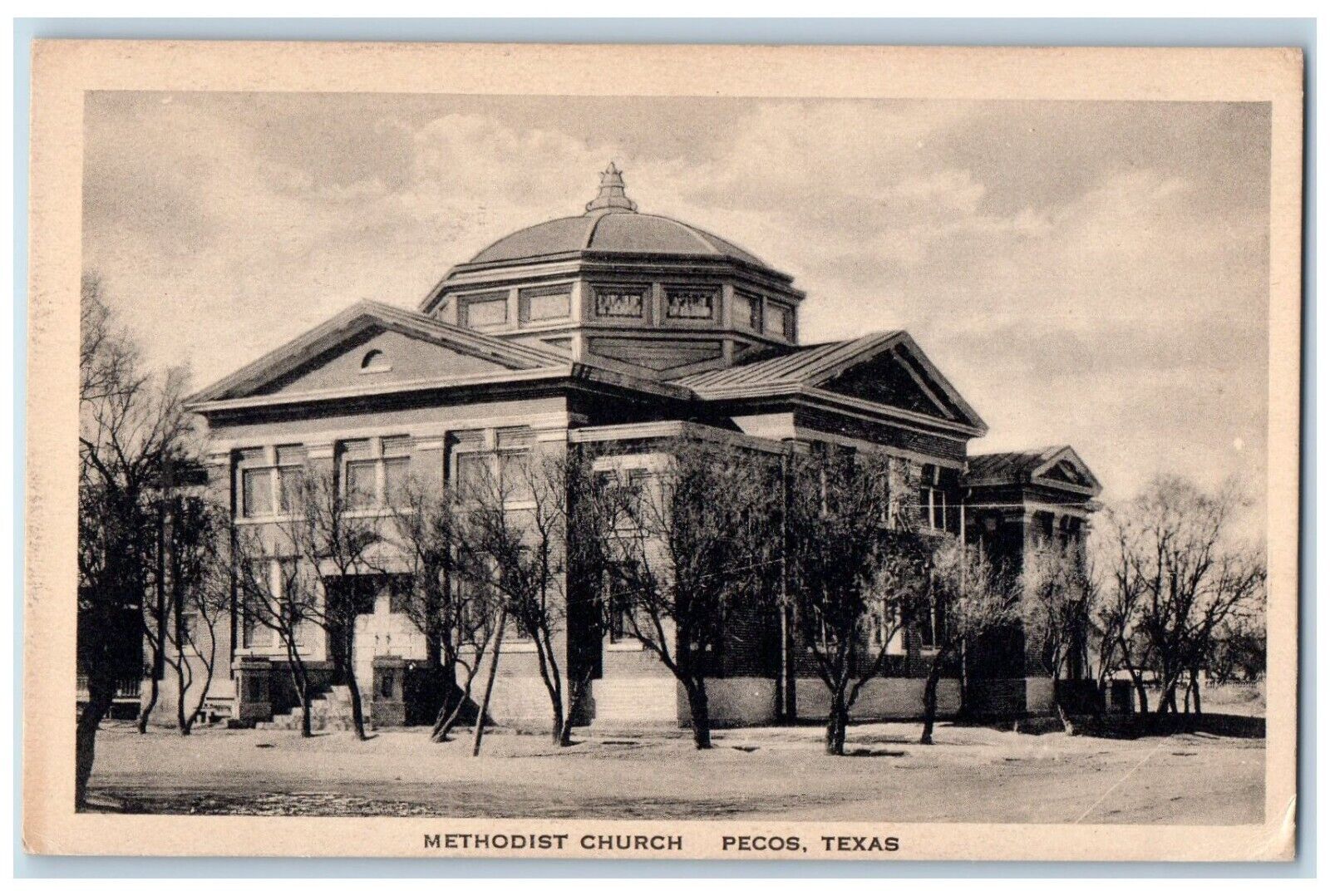 c1930's Methodist Church And Trees Dirt Road Pecos Texas TX Vintage Postcard