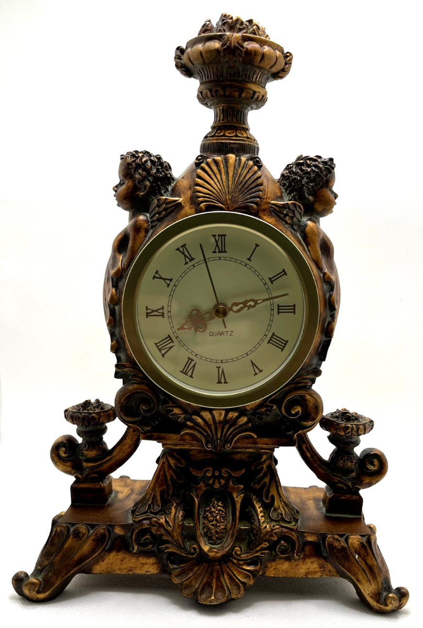 Antique Bronze Double Cherub  Finely Sculpted Quartz Clock Works Mint Condition