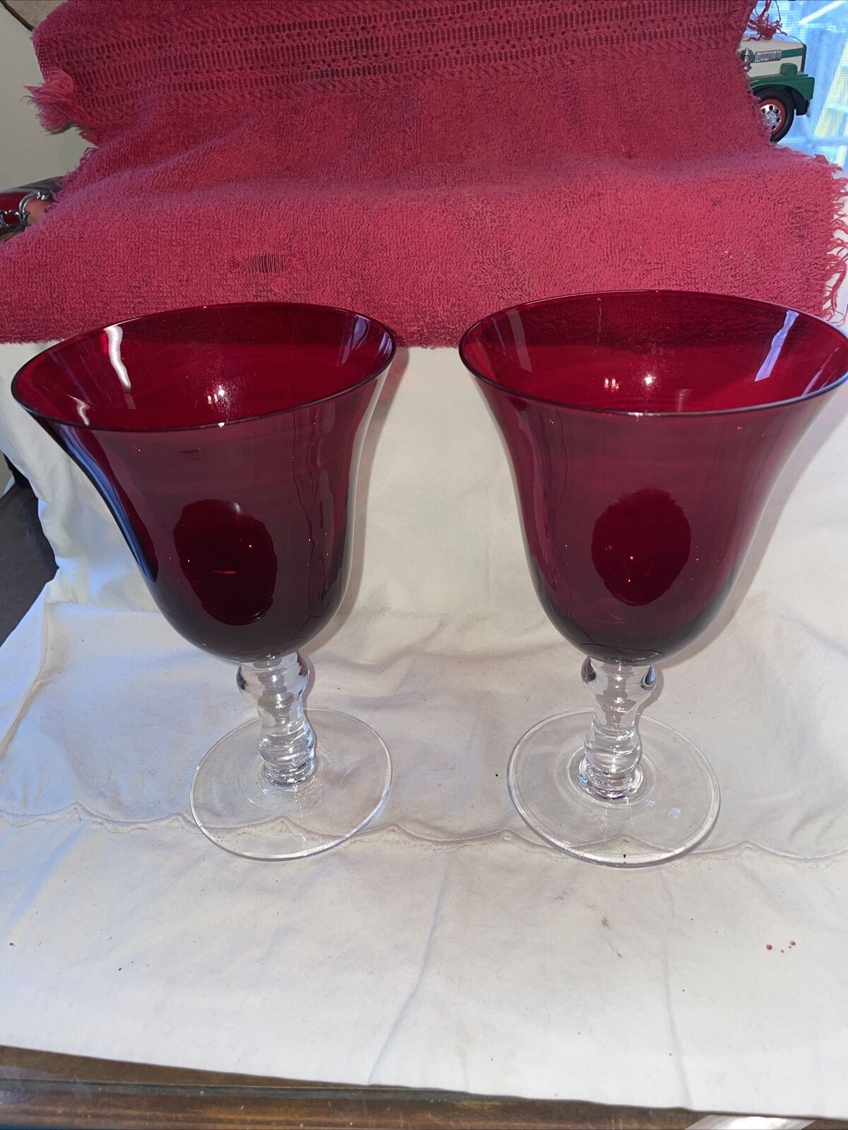 HAND BLOWN RUBY RED w/CLEAR Stem Wine Glasses, BELL Shape, STUNNING, VINTAGE