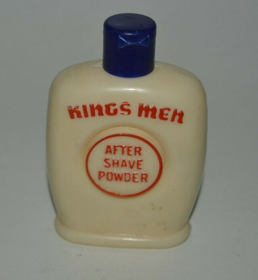 Vintage KINGS MEN After Shave Powder 1960s White Rubber Bottle 3/4 Full Rare