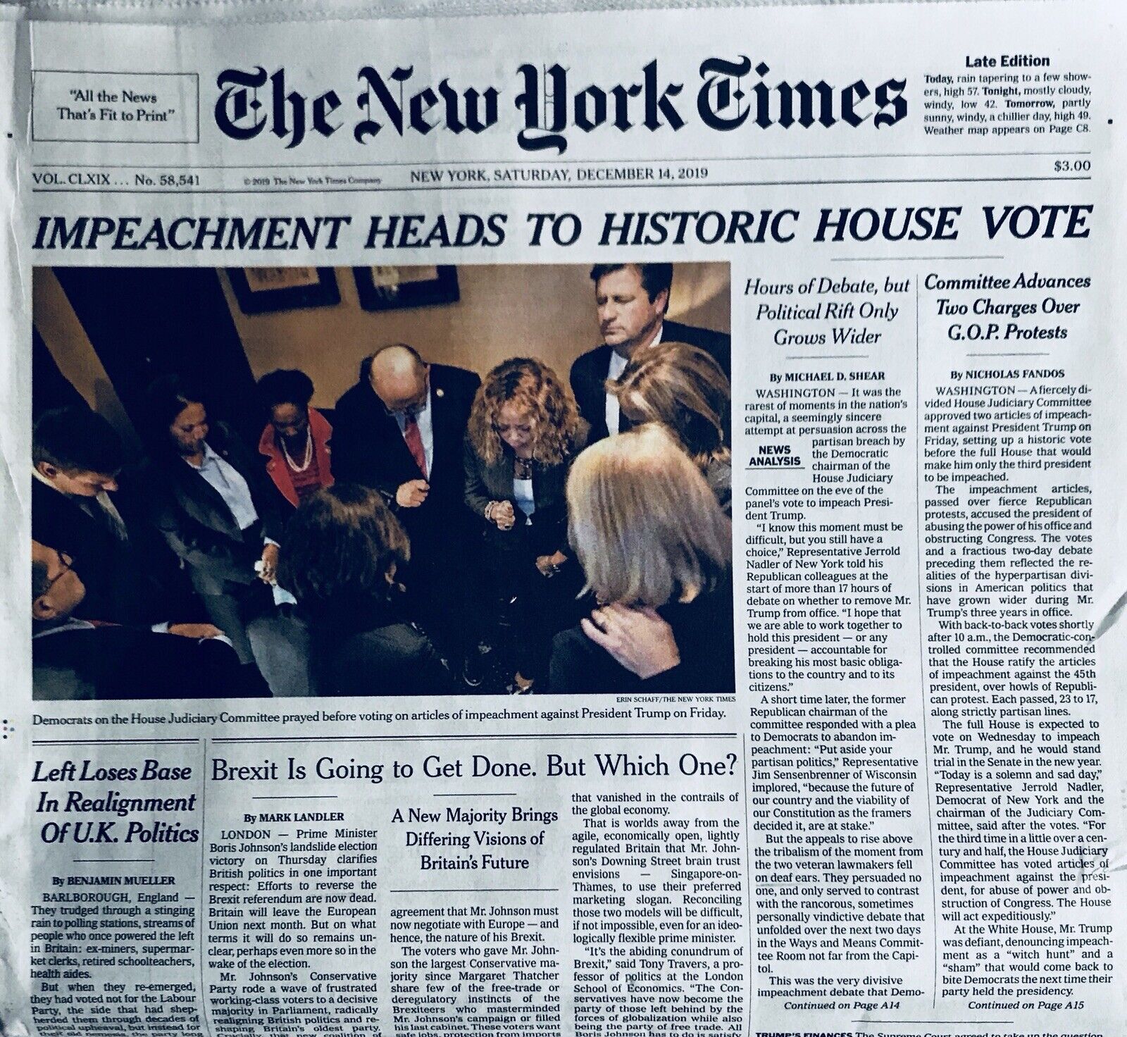 DEC 14, 2019 NY TIMES HISTORIC VOTE TO IMPEACH TRUMP *MINT & UNREAD*
