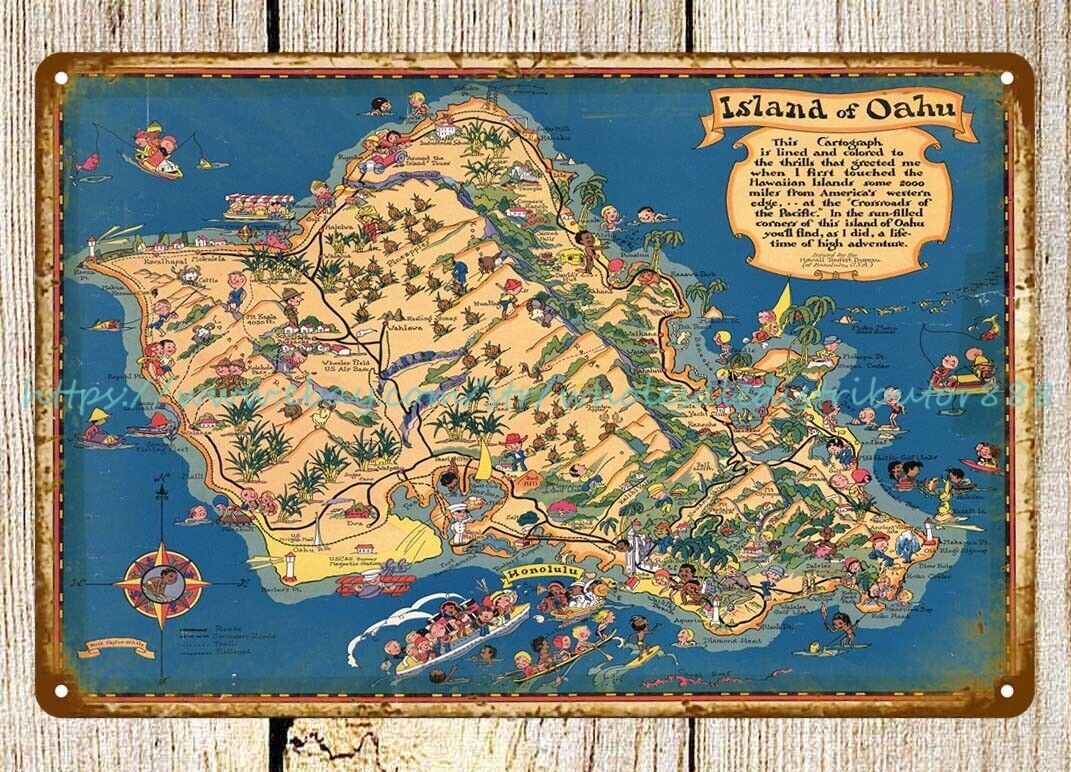 tin plaque Antique Map Island of Oahu 1931 By Ruth Taylor metal tin sign