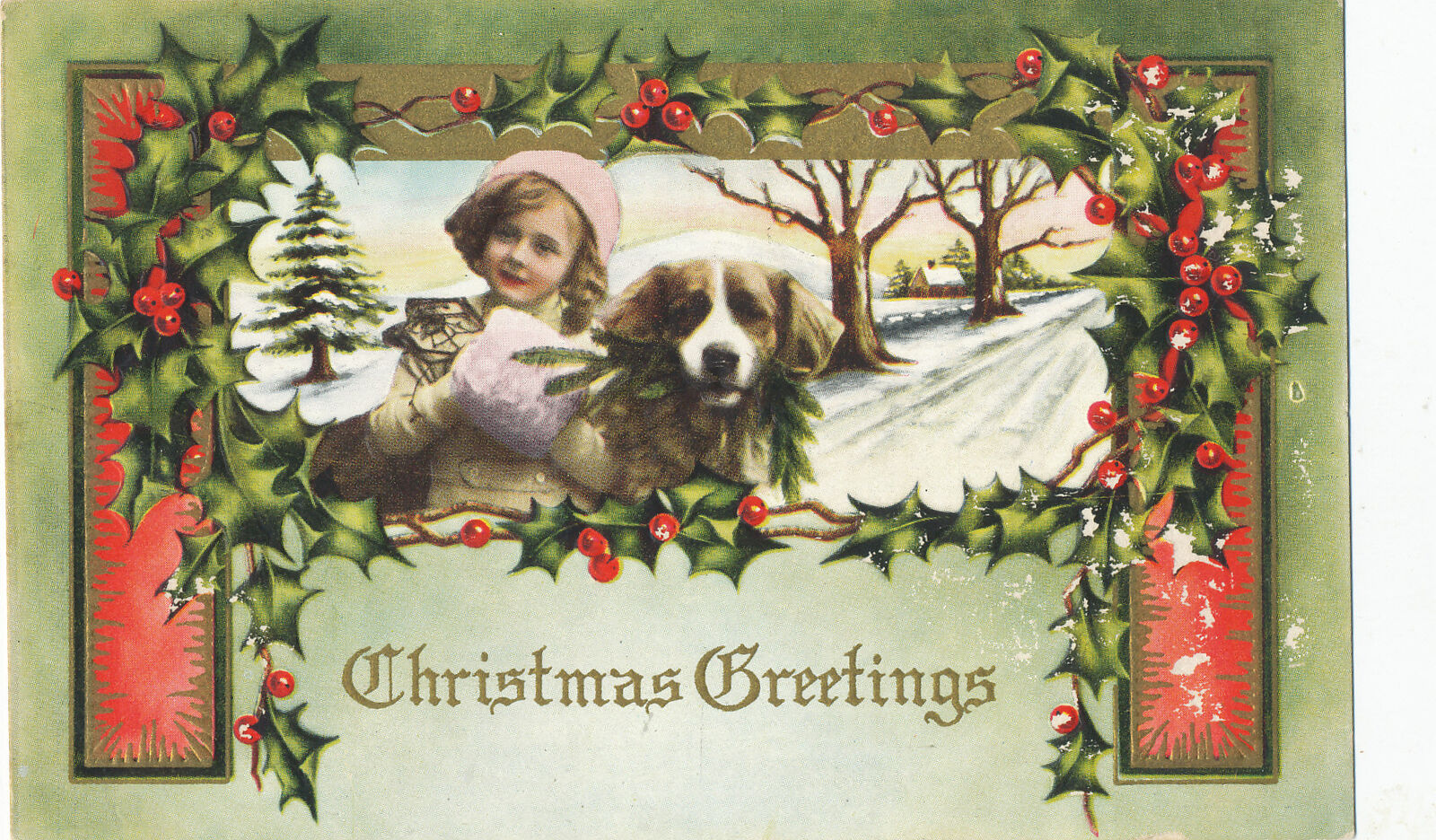 CHRISTMAS GREETINGS - Postcard 1913 - YOUNG GIRL pink MUFFLER & DOG - HOLY