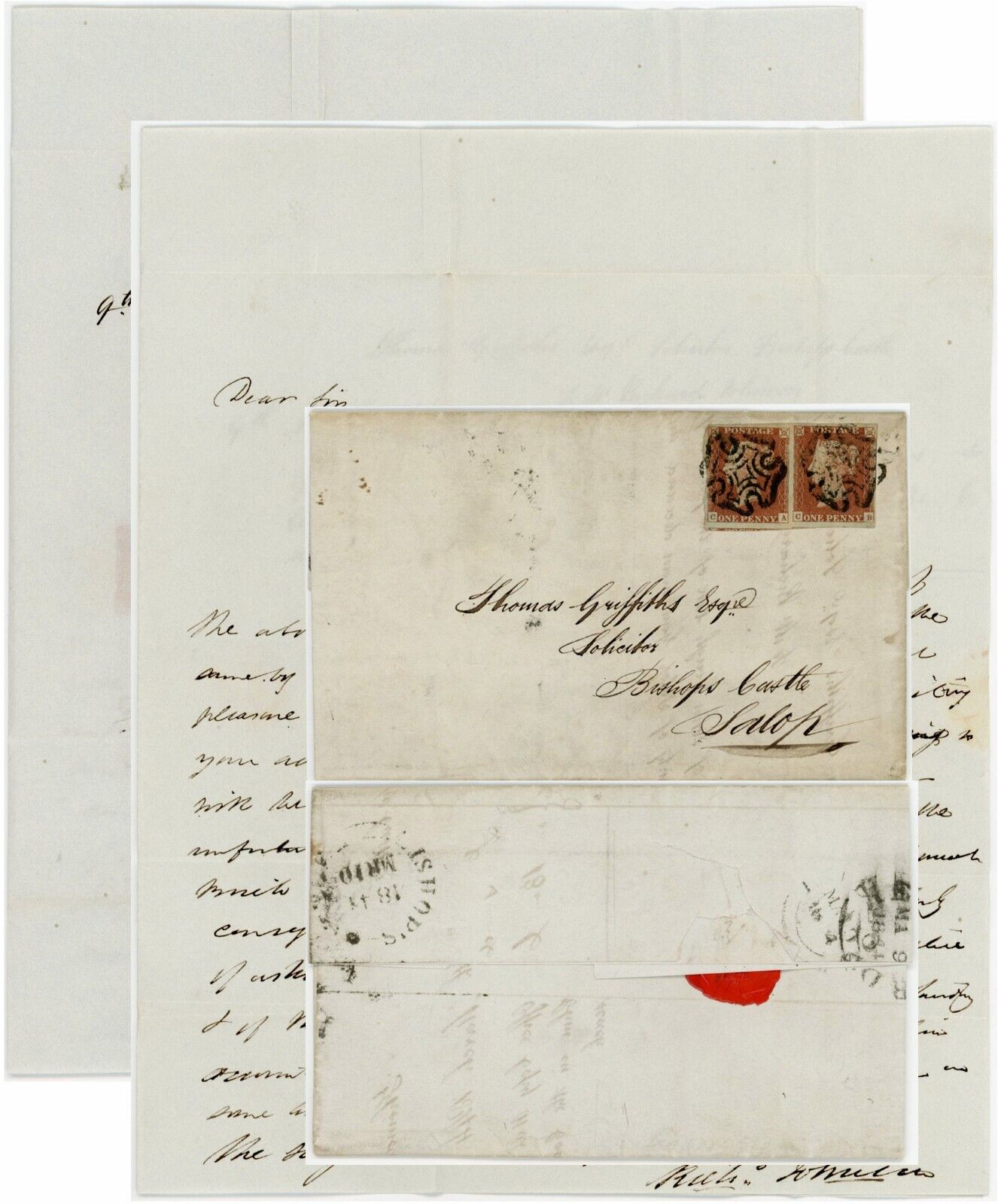 GB QV PENNY REDS PAIR MALTESE CROSS on 1844 LETTER to GRIFFITHS BISHOPS CASTLE
