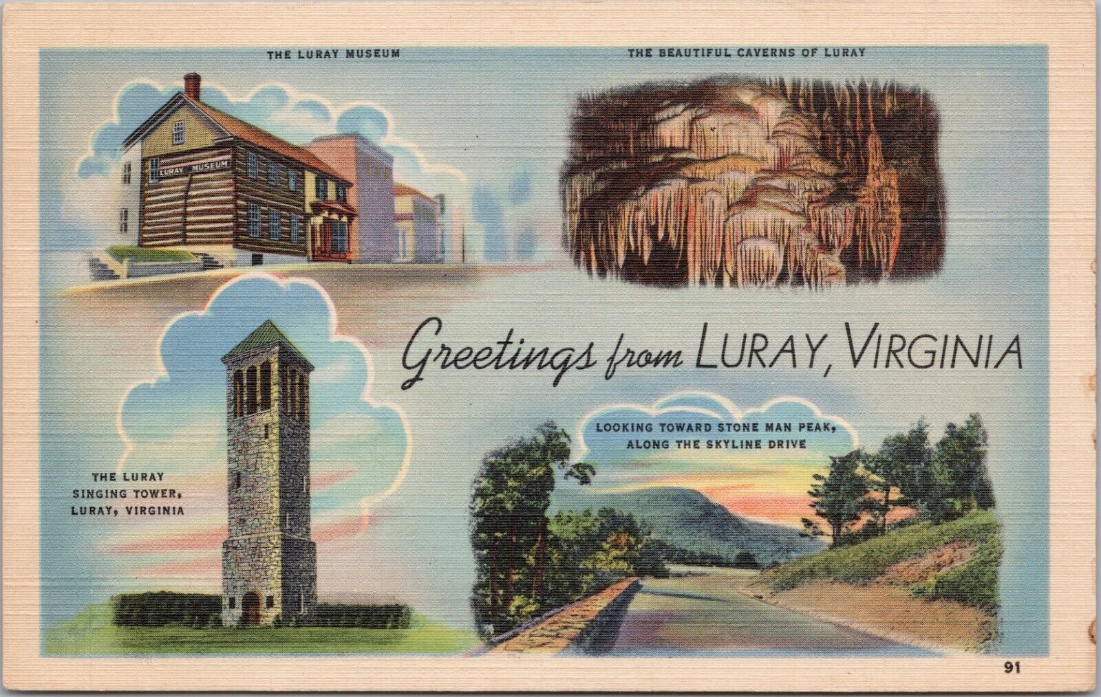 Luray Virginia Greetings Stony Man Peak Museum Singing Tower Caverns Postcard