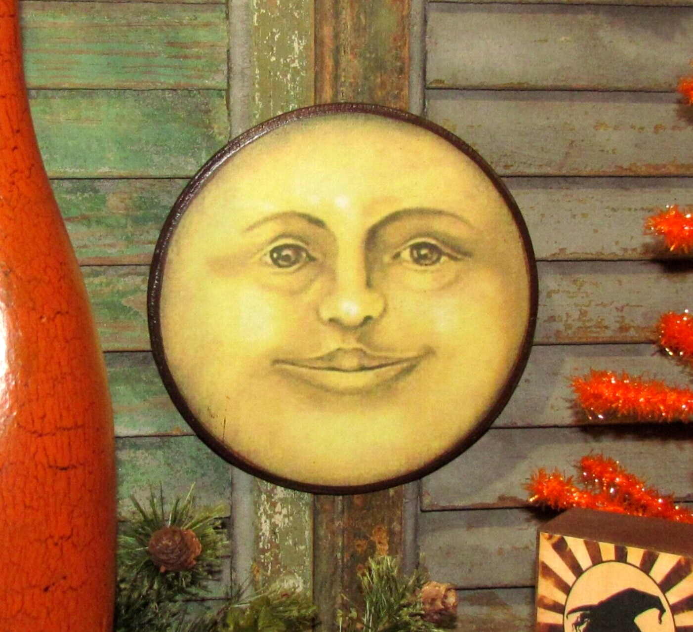 Prim Antique Vtg Style Wooden Reproduction Halloween Man Face on the Moon Sign