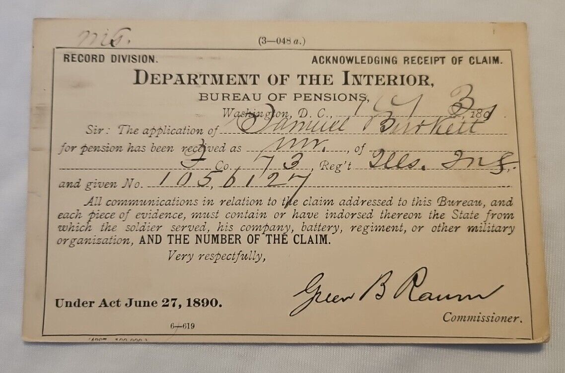 1891 Civil War Pension Document Samuel Burkett 73rd Reg. Illinois Infantry.