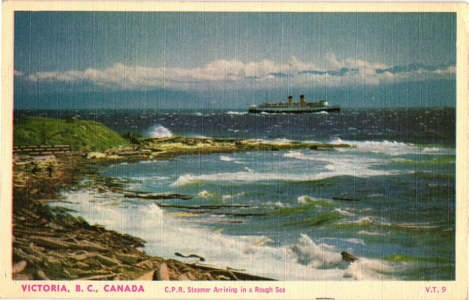 Victoria B.C. Canada CPR Steamer Arriving in Rough Sea Linen Postcard 1940s