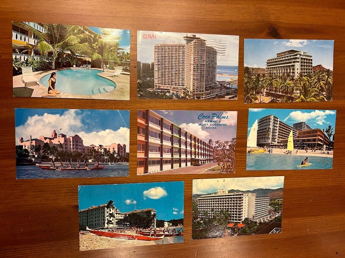Lot of 8 Vintage Hawaii Hotel & Resort Postcards Ilikai, Moana, Coco Palms, etc.