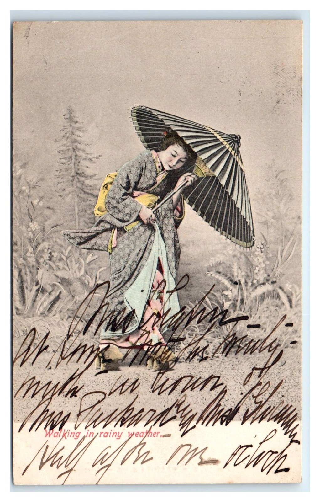 1905 Japanese Woman Postcard- WOMAN CARRYING UMBRELLA against Wind - ROTOGRAPH