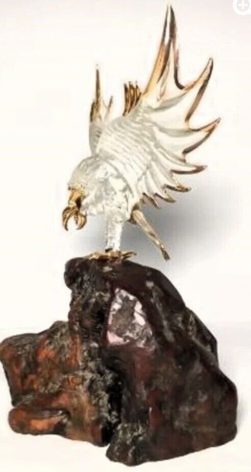 Glass Baron Eagle with 22kt Gold Accents on Wood Statue