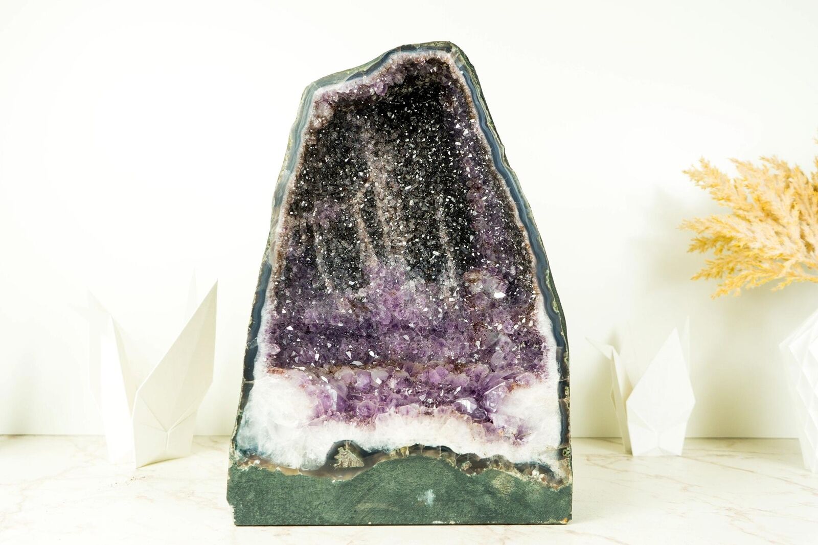 Natural Galaxy Amethyst Geode with rare Bi-Color Amethyst Druzy and Blue Banded