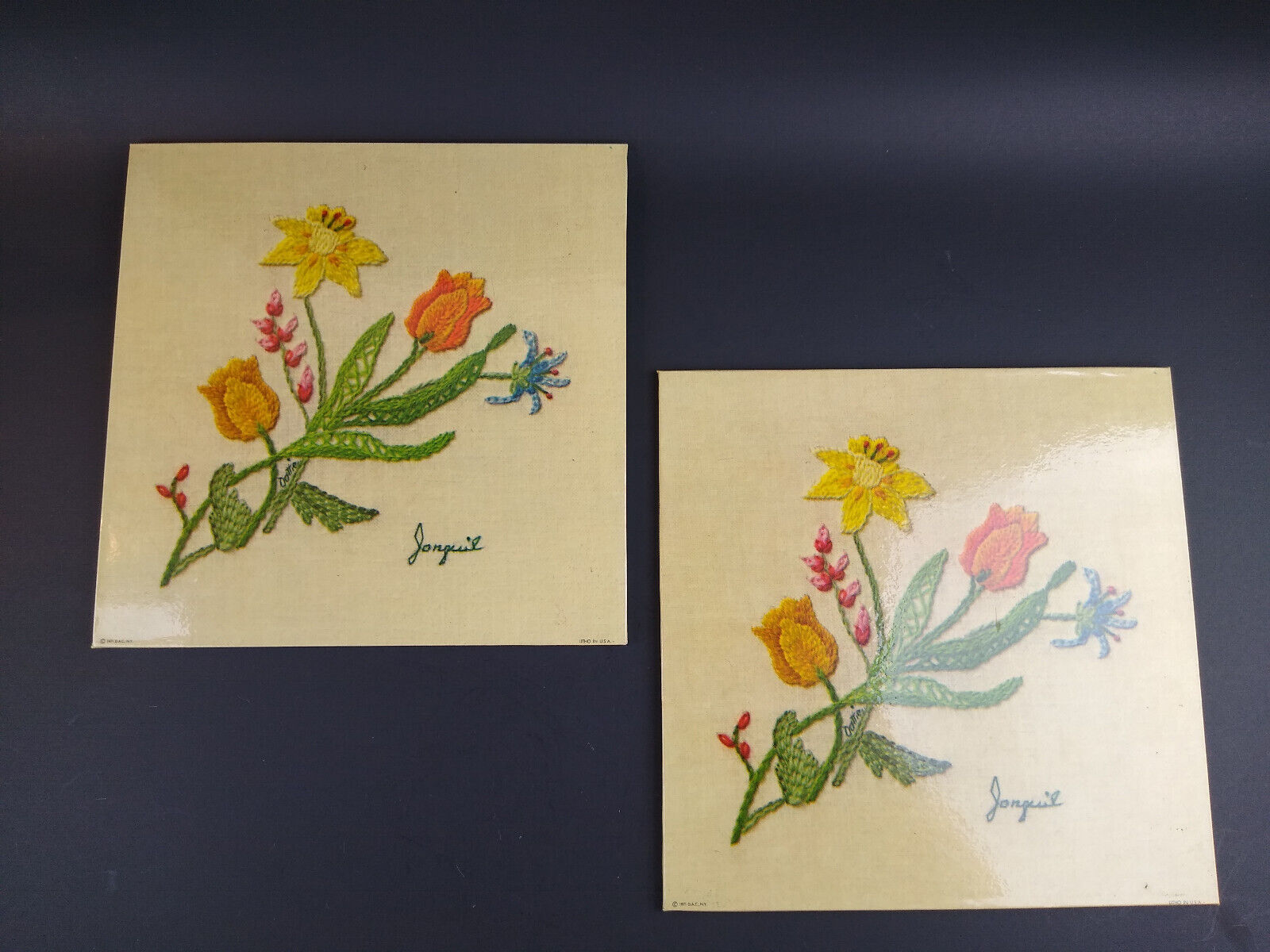 Vintage 1970s Floral Wall Plaque or Trivet Set Litho of Embroidered Flowers USA