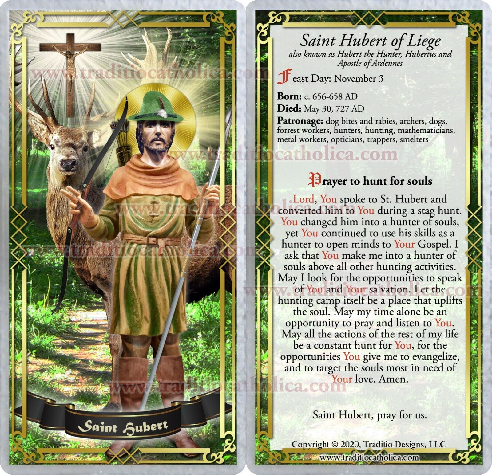 Saint Hubert, patron of hunters and hunting laminated Prayer card. St. Hubert