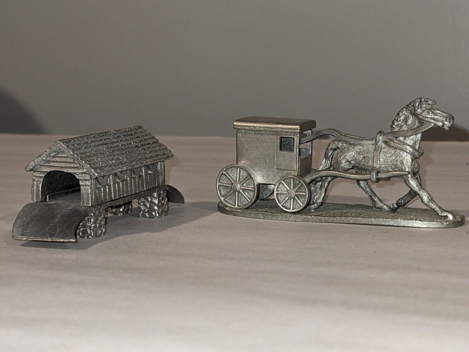 2 Vintage Spoontiques~Pewter~Horse & Carriage ~ Covered Bridge~1986 &  1987