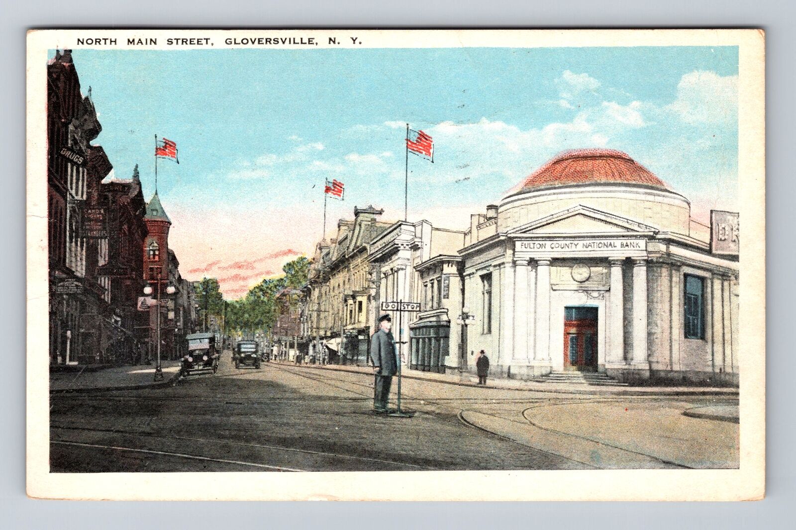 Gloversville NY-New York, Traffic Cop on North Main St, Vintage c1925 Postcard