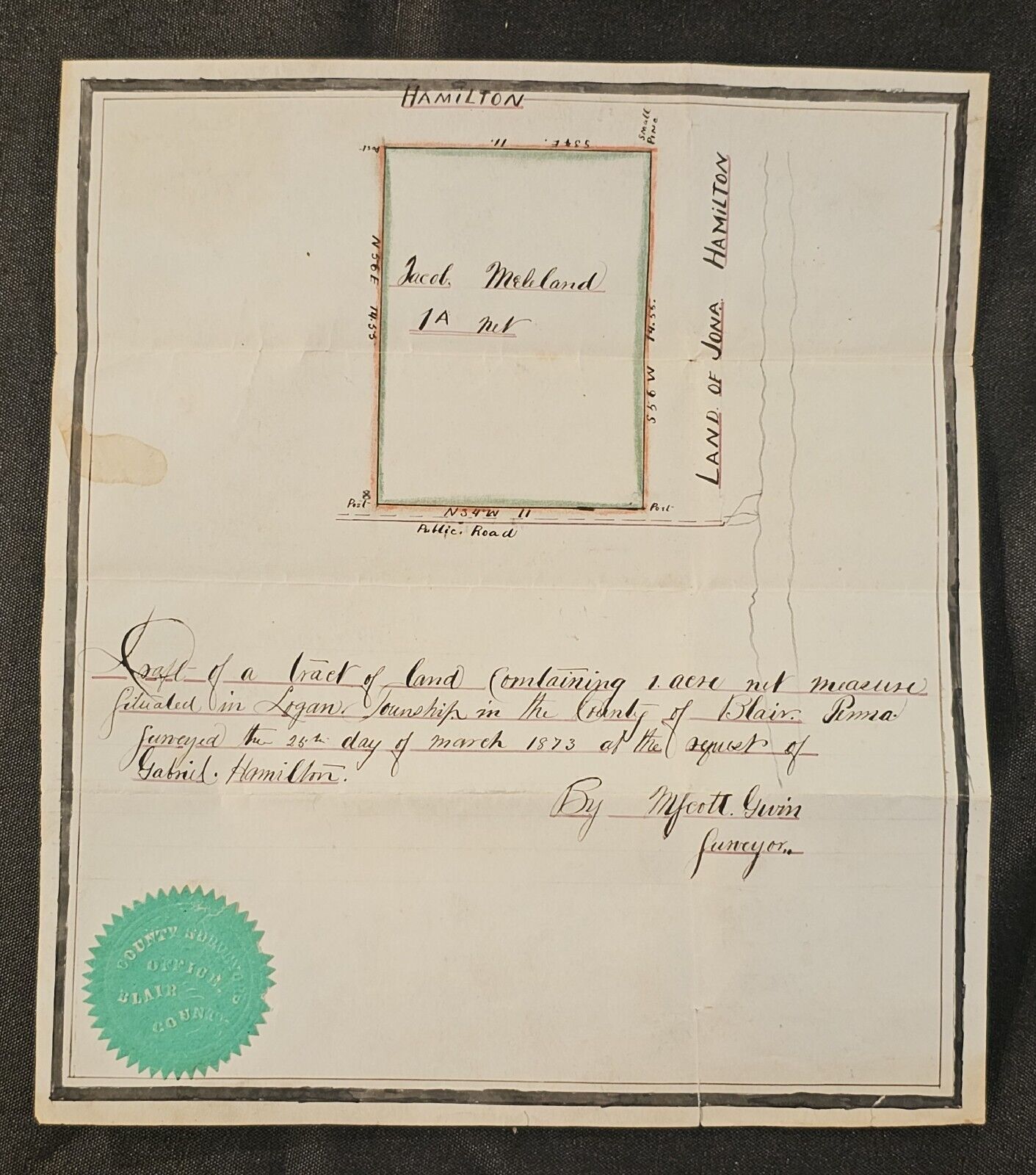 1873 Survey Land Draft Blair County, PA Jacob McLeland & Gabriel Hamilton