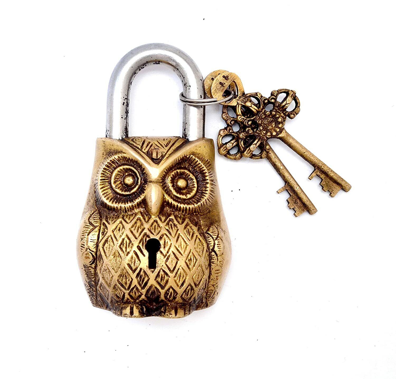 Owl Design Golden Functional Brass Lock with 2 Keys Home Decor