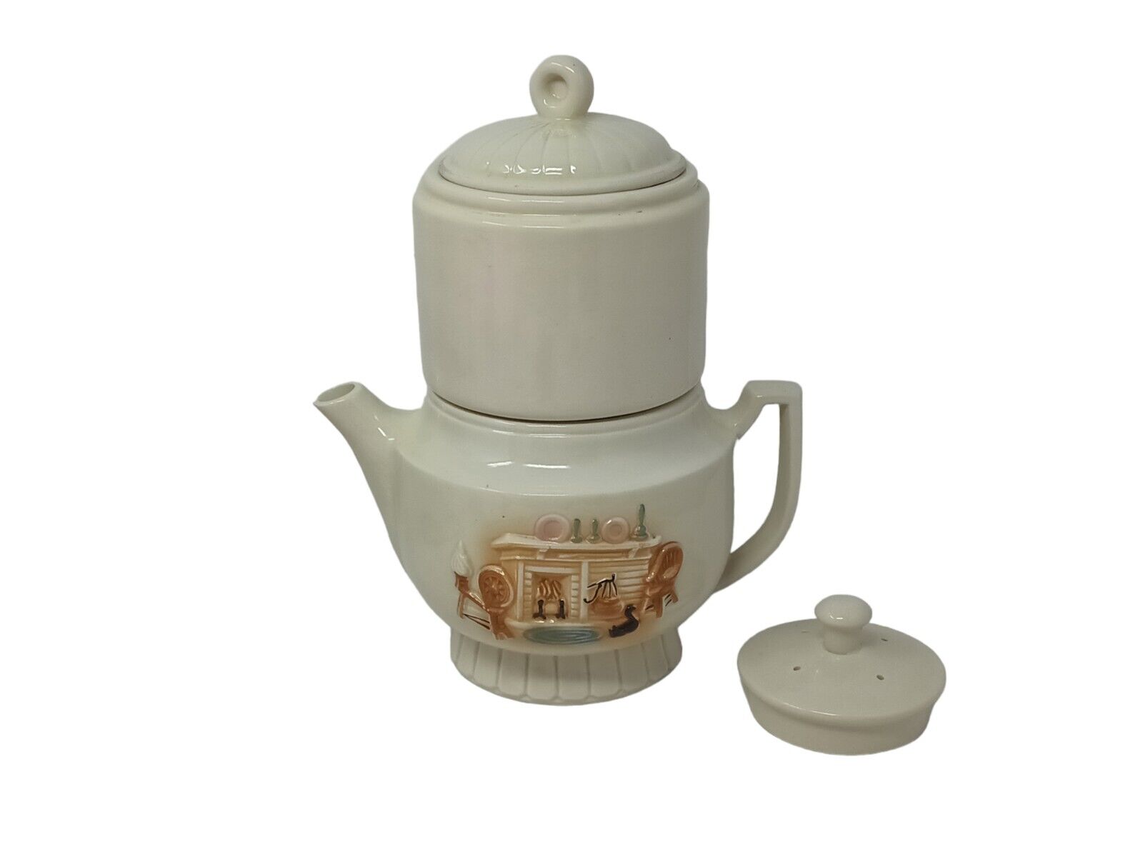 Vintage Porcelier Drip-o-lator Teapot Raised Country Hearth 4 Pc Vitreous