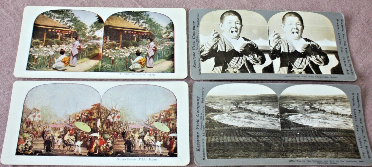 c.1900s 4 Stereoview Cards of  Japan, 2 color, 2 Black & White -All Great Images