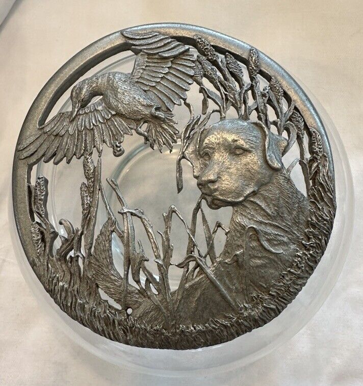 Vtg Potpourri Jar Hunting Dog W Duck Trinket Glass Pewter Lid Bowl Signed 1989