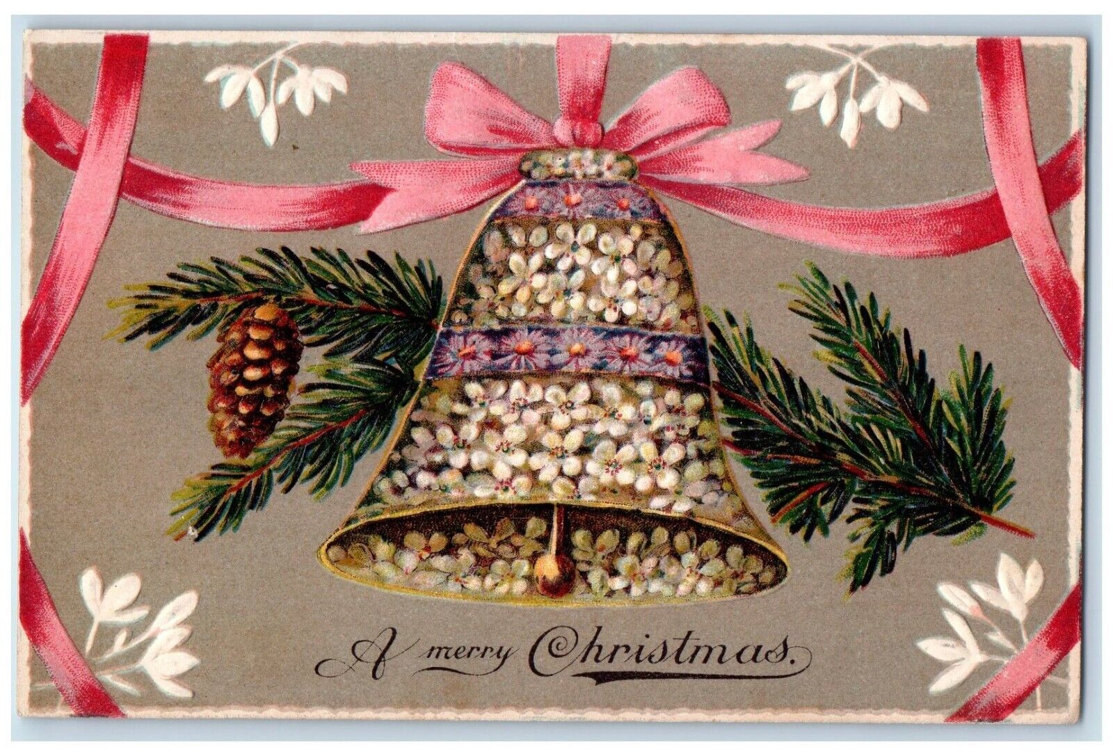 c1910's Merry Christmas Ringing Bell Flowers Pine Cone Embossed Posted Postcard