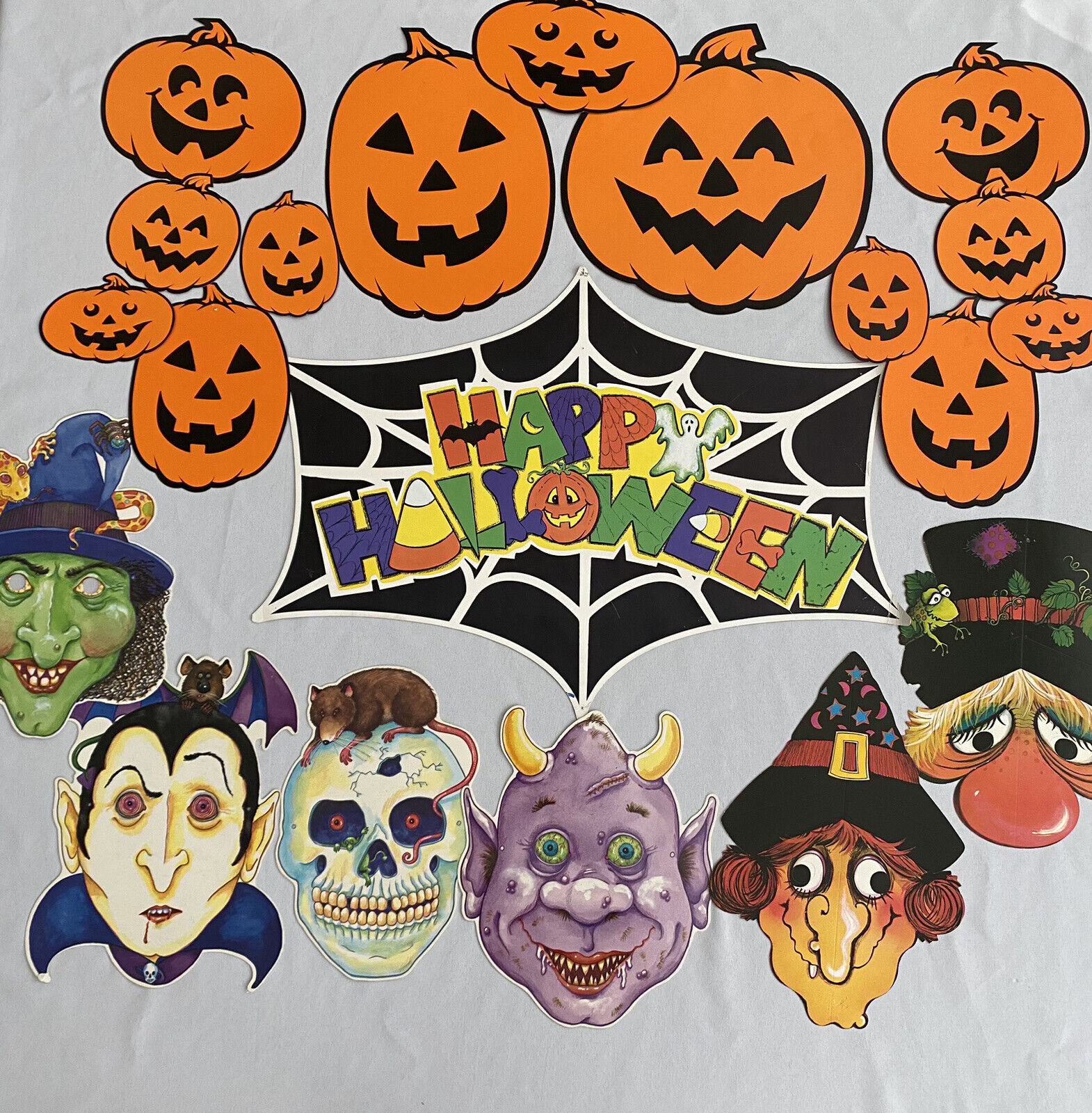 Vintage 1979 Hallmark Halloween Die Cut Paper 2 Masks Additional 18 Decorations