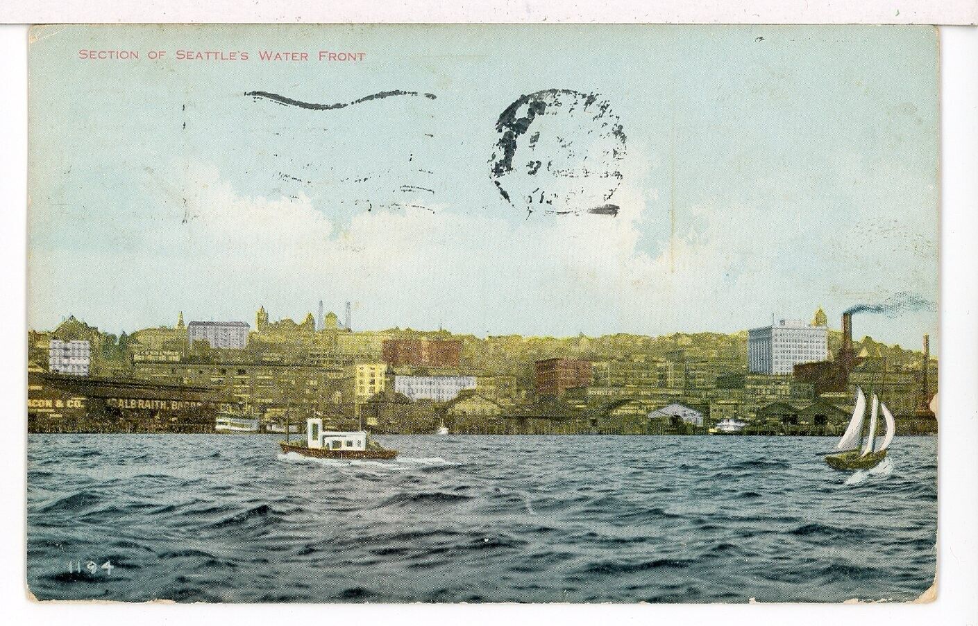 1910 - A Tugboat and a Sailboat on Elliott Bay, Seattle, WA Postcard