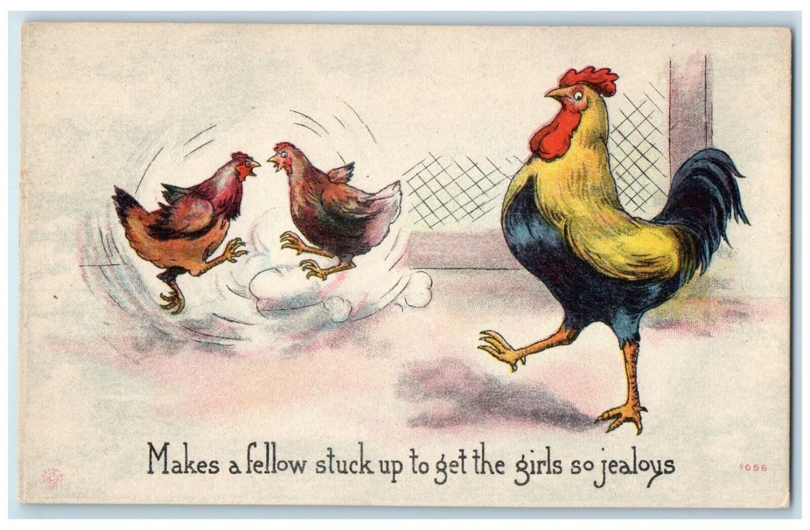 c1910s Rooster Chicken Hen Fighting Makes Fellow Stuck Up Girls Jealous Postcard