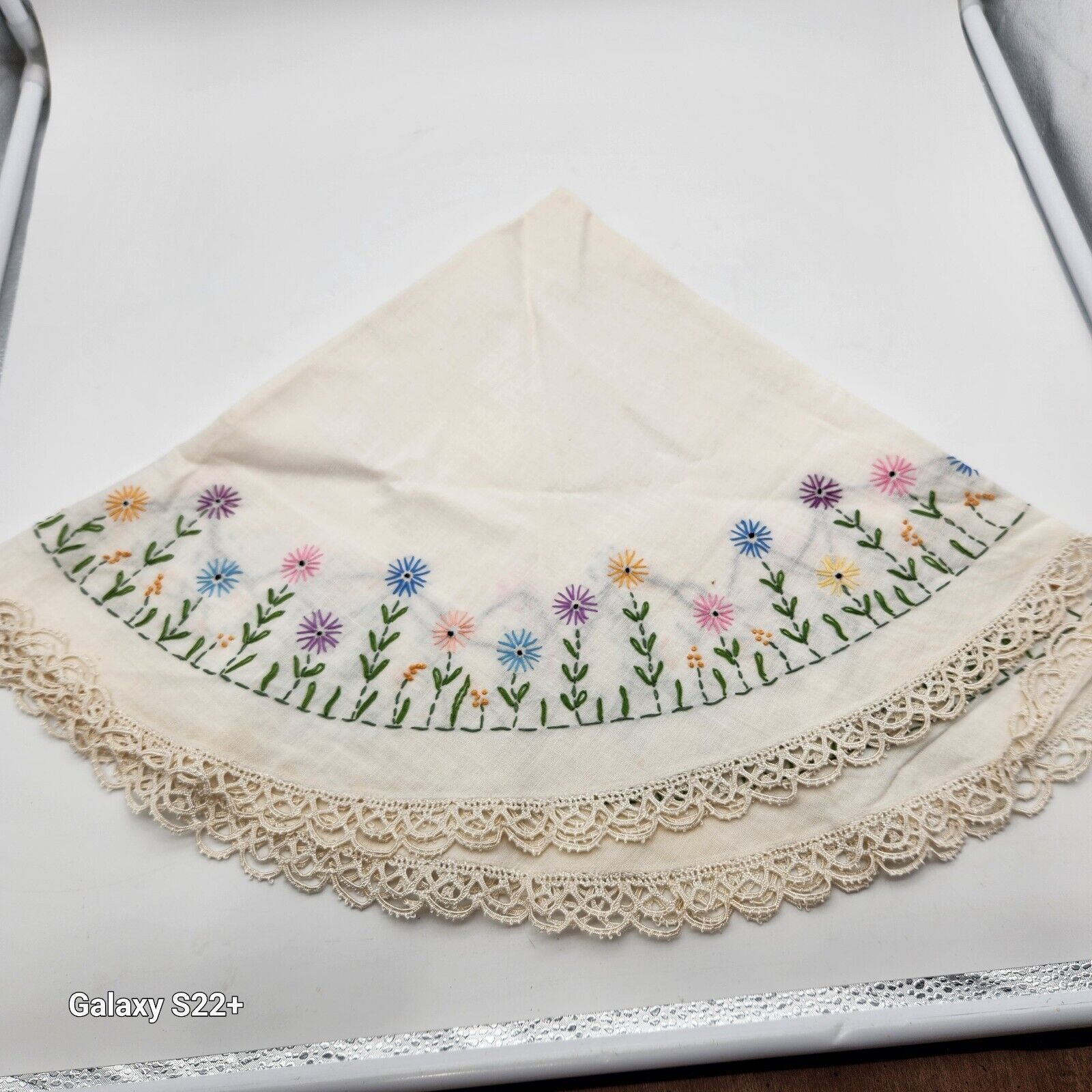 Vintage White Hand Embroidered table cloth 32