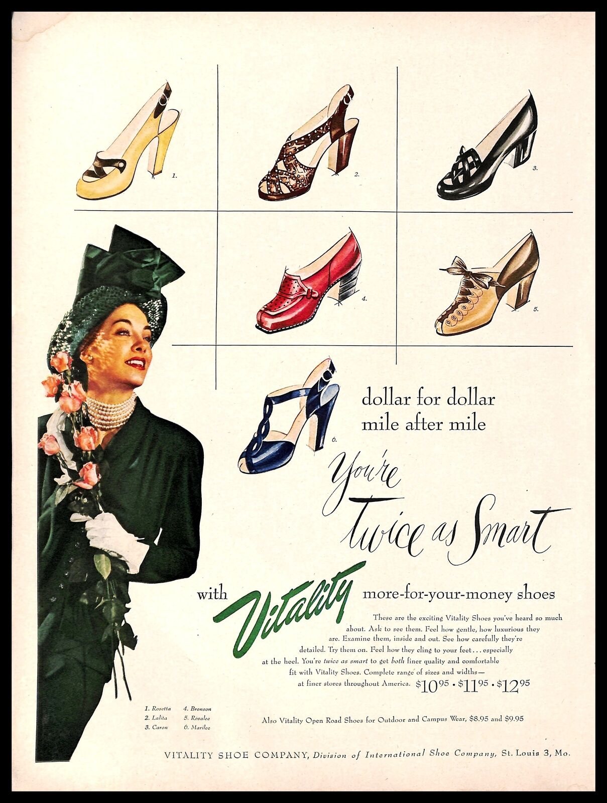 1948 Vitality Shoes Vintage PRINT AD Luxurious Woman Green Dress Colorful 1940s