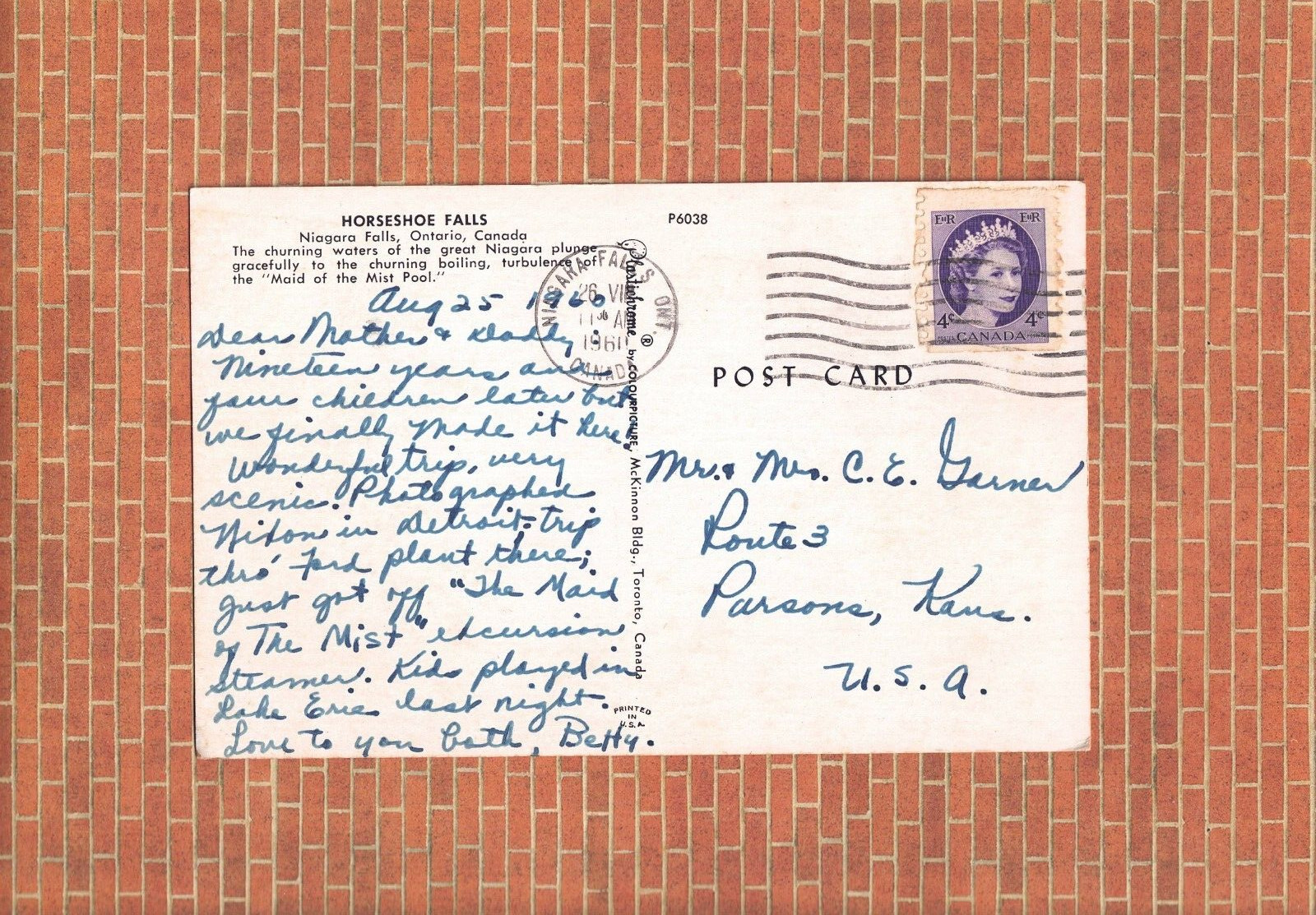 Vintage Postcard Mailed 1960 Horseshoe Falls Niagara Falls Ontario Canada Stamp