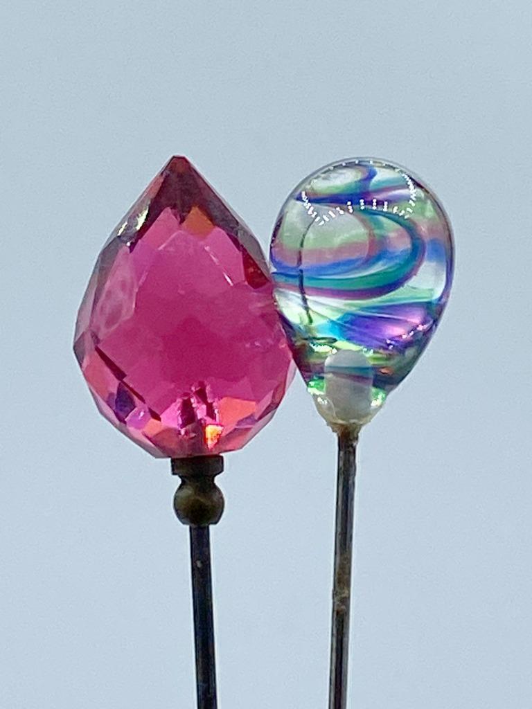 2 Pc Antique Hatpin Lot Cranberry and Swirling Art Glass Hatpins