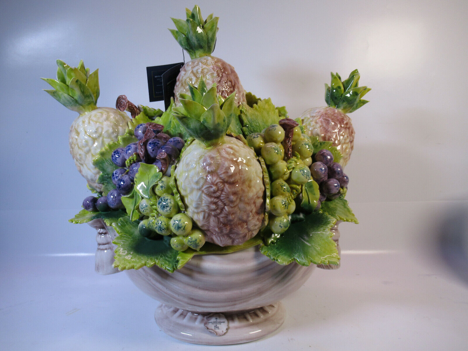 Genuine Capodimonte Centerpiece Porcelain PIneapple & Grapes Fruit Basket ITALY