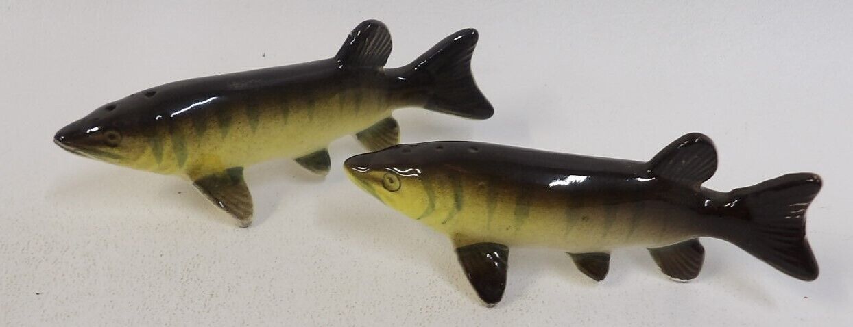 Vintage Yellow Brown Trout Fish Figural Salt Pepper Shakers