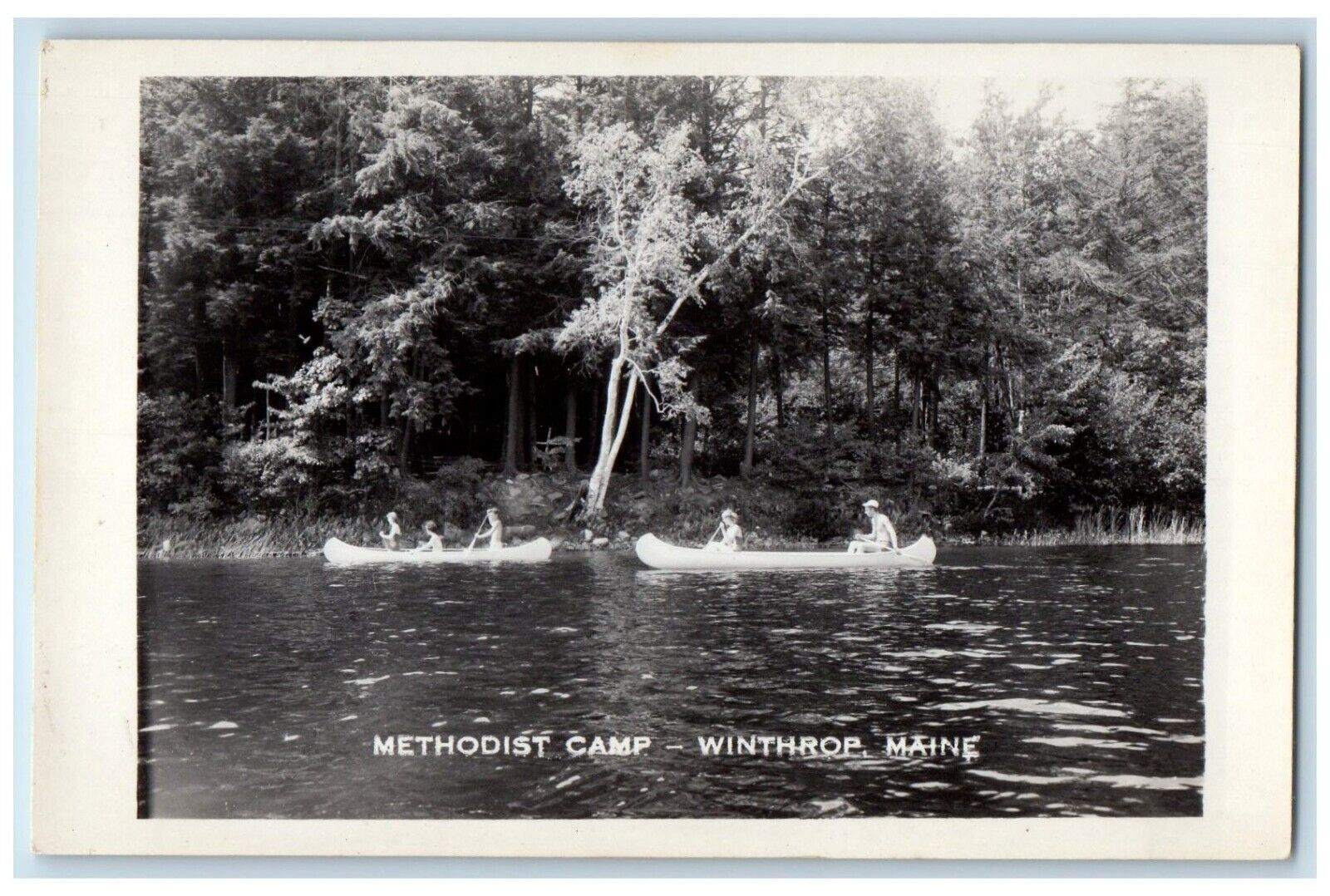 c1950's Methodist Camp Mechuwana Canoe Winthrop Maine ME Photo RPPC Postcard
