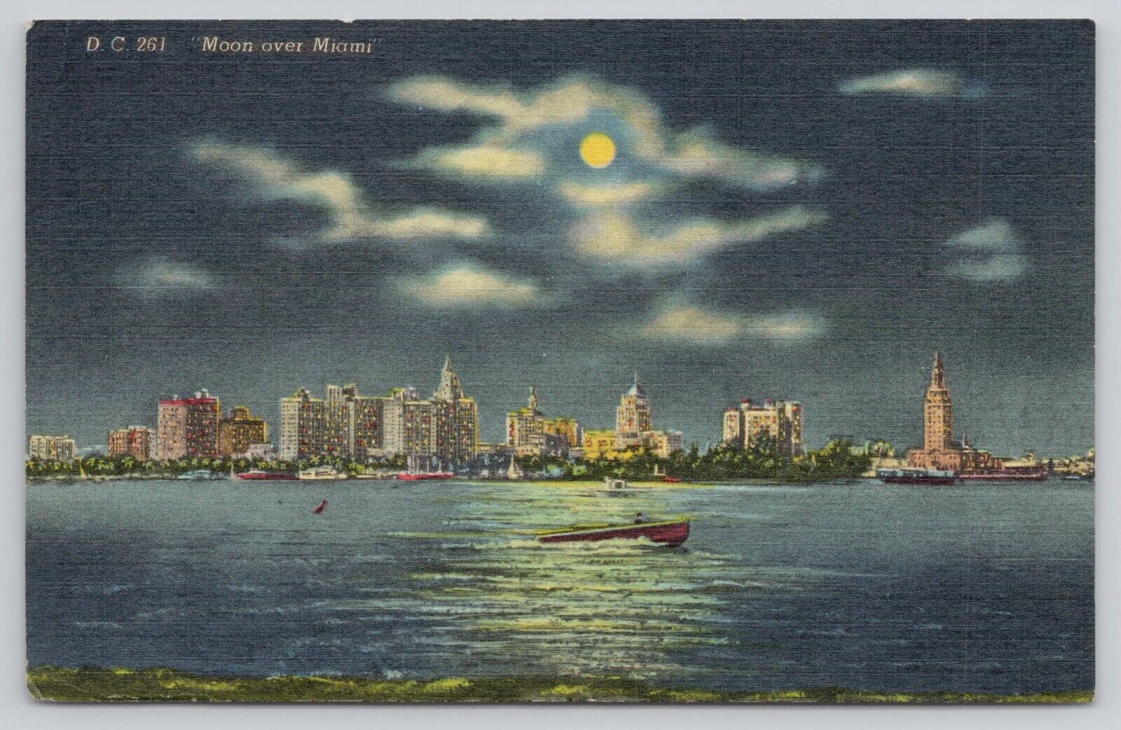 Miami Florida FL - Moon on Cloudy Night View from Ocean 1955 Linen Postcard