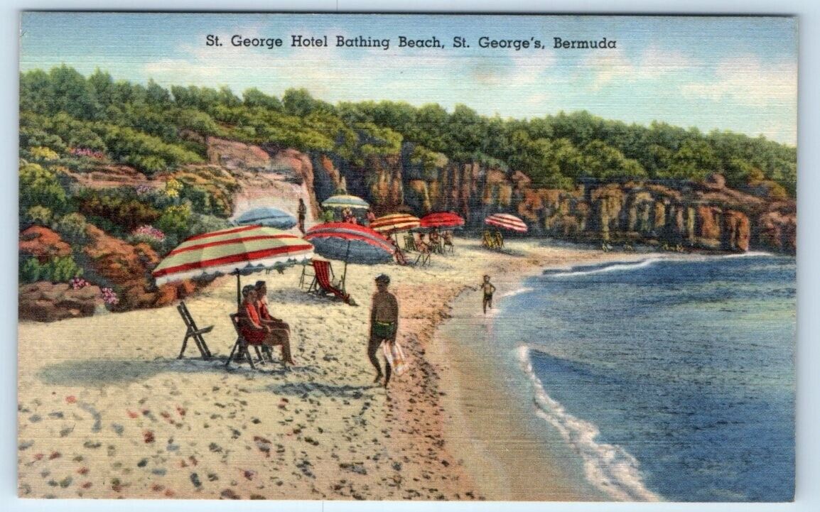 St. George Hotel Bathing Beach St. George\'s BERMUDA LInen Postcard
