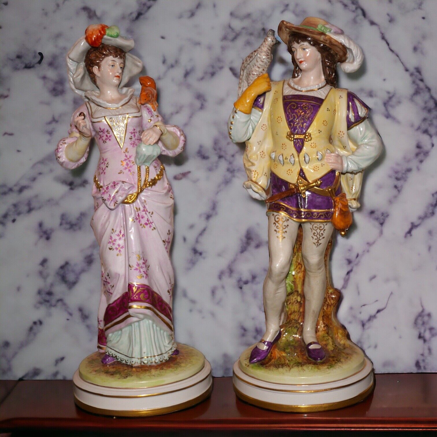 Set of 2 Ca. 1930 German Kister Porcelain Falconer & Woman w/ Squirrel Figurines