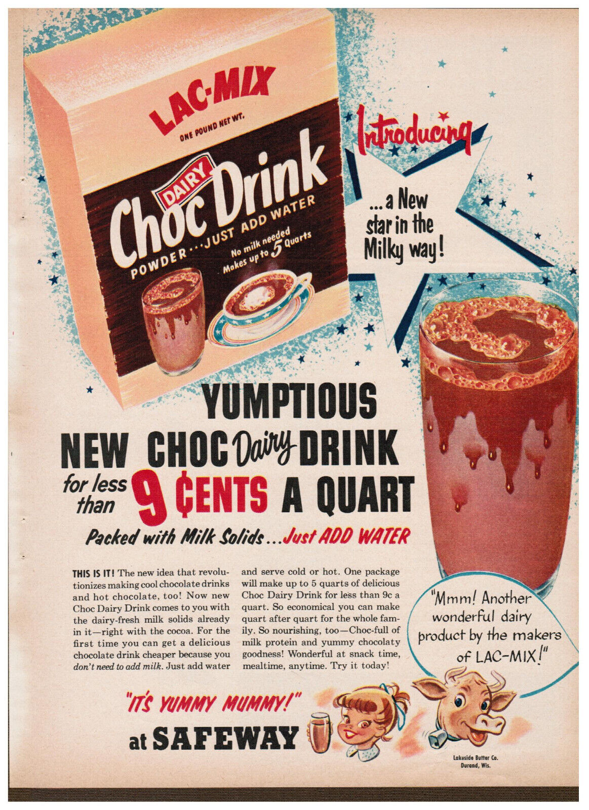 Vtg 1953 Lac-Mix Choc Dairy Drink Mix Print Ad Original \