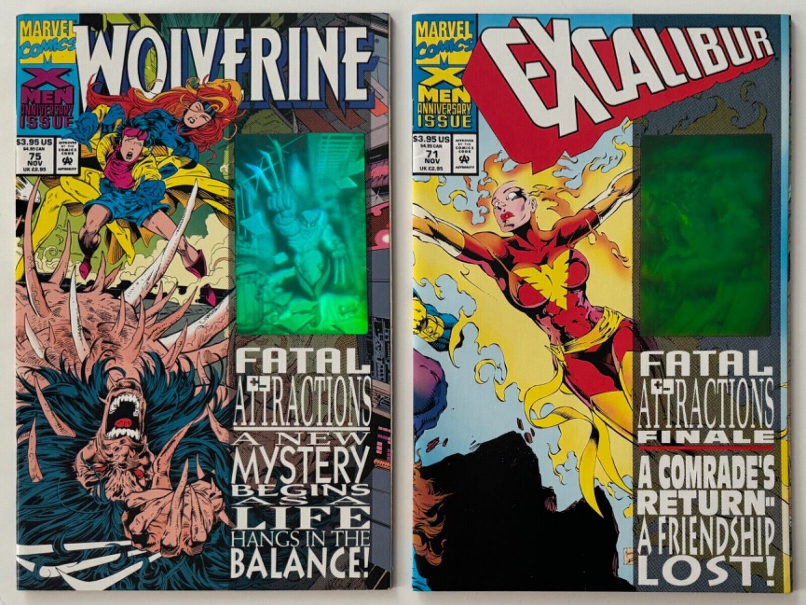 Wolverine 75 / Excalibur 71 Hologram Covers Lot of 2 Marvel Comics 1993 VF/NM