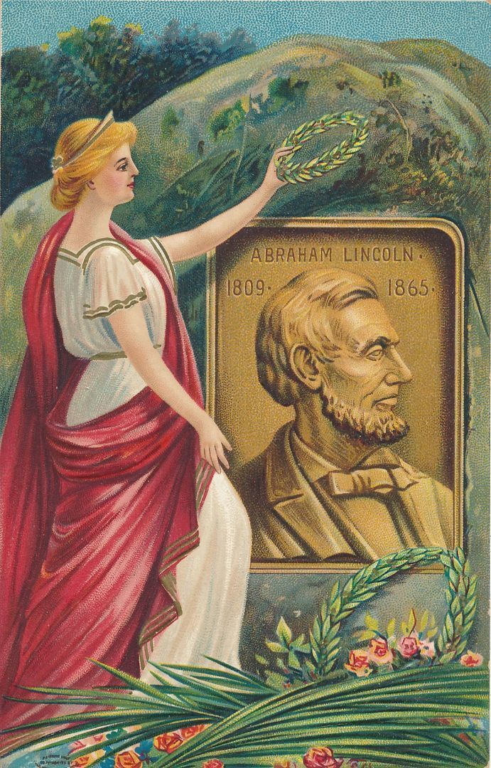 LINCOLN\'S BIRTHDAY - Portrait, Woman and Wreath Patriotic Postcard