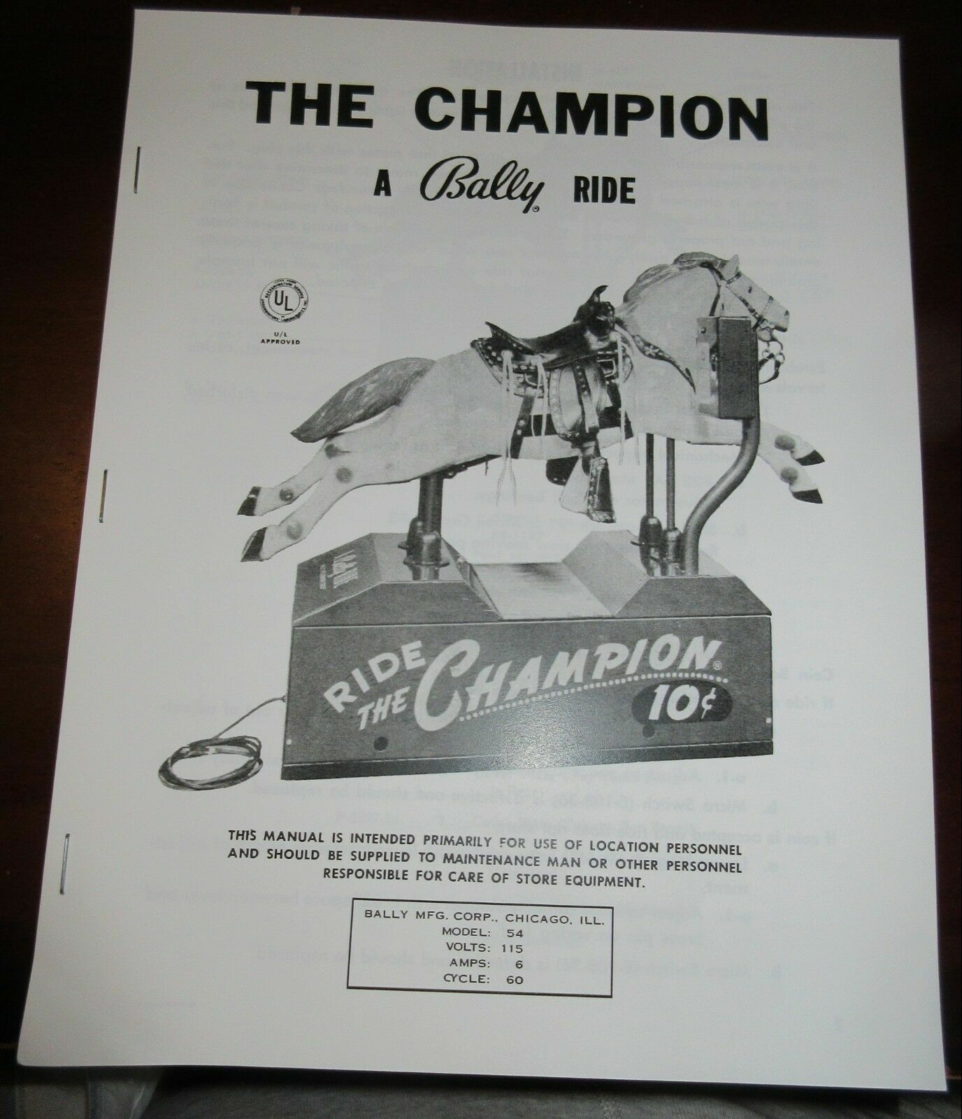 Bally Ride-the-Champion Coin Operated Horse Installation and Service Manual