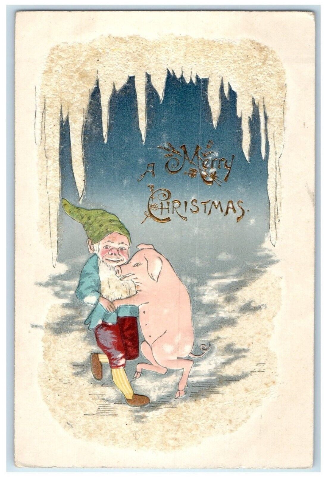c1910's Merry Christmas Elves Gnomes And Pig Winter Scene Antique Postcard