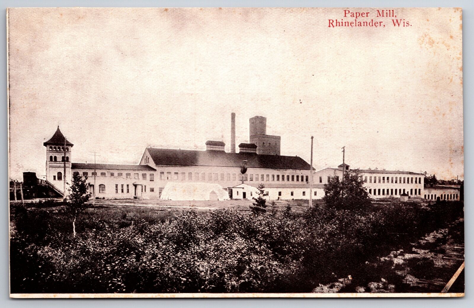 Rhinelander Wisconsin~Paper Mill~Smoke Stack~Bell Tower~Silo~c1905 Postcard