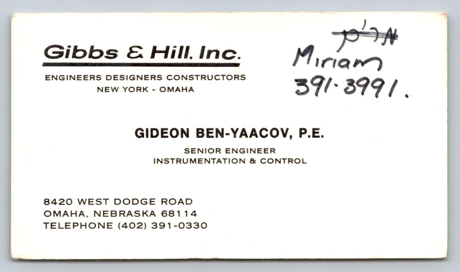 Vintage Business Card Gibbs & Hill Gideon Ben Omaha Nebraska Yaacov 